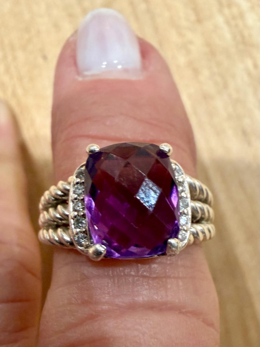David Yurman Amethyst Cushion Ring with Diamond Accents - Purple